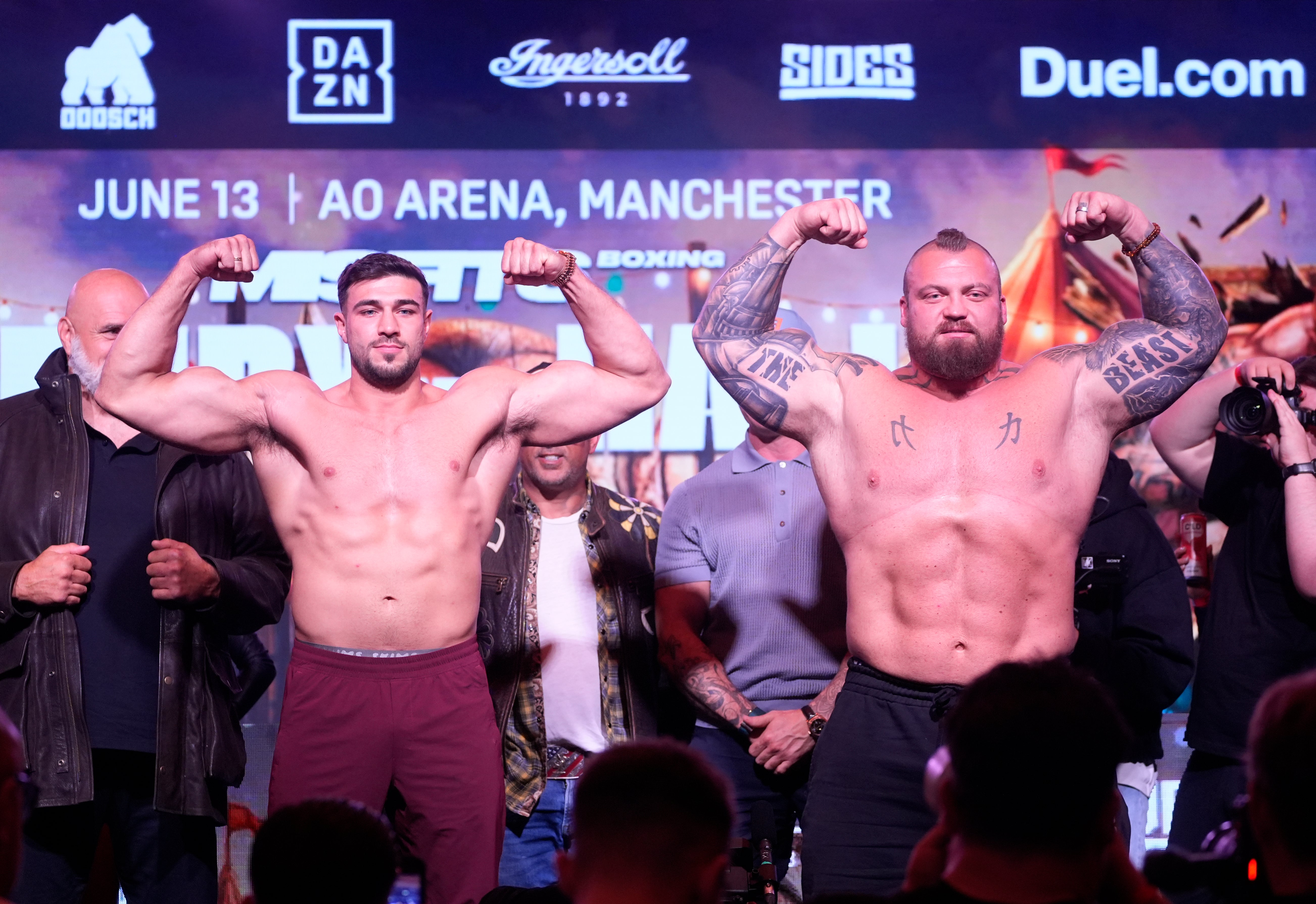 Tommy Fury (left) and Eddie Hall at a press conference for their boxing match