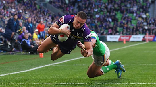 Will Warbrick soars and scores for Melbourne.
