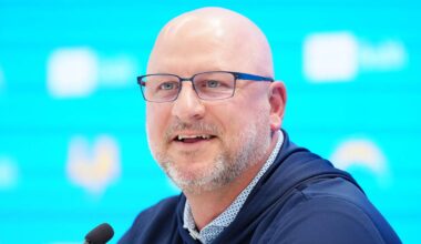 Apr 16, 2026; El Segundo, CA, USA; Los Angeles Chargers general manager Joe Hortiz speaks at press conference at The Bolt. Mandatory Credit: Kirby Lee-Imagn Images
