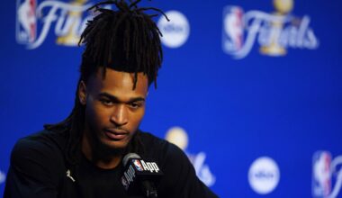 Jun 2, 2026; San Antonio, TX, USA; San Antonio Spurs guard Stephon Castle (5) talks to press during the NBA finals media day at Frost Bank Center. Mandatory Credit: Dustin Safranek-Imagn Images