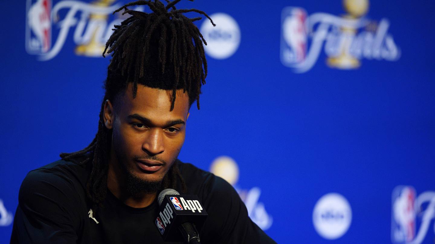 Jun 2, 2026; San Antonio, TX, USA; San Antonio Spurs guard Stephon Castle (5) talks to press during the NBA finals media day at Frost Bank Center. Mandatory Credit: Dustin Safranek-Imagn Images