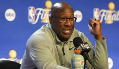 Jun 5, 2026; San Antonio, Texas, USA; New York Knicks head coach Mike Brown speaks with the media after the game between the Spurs and the Knicks in game two of the 2026 NBA Finals at Frost Bank Center. Mandatory Credit: Daniel Dunn-Imagn Images