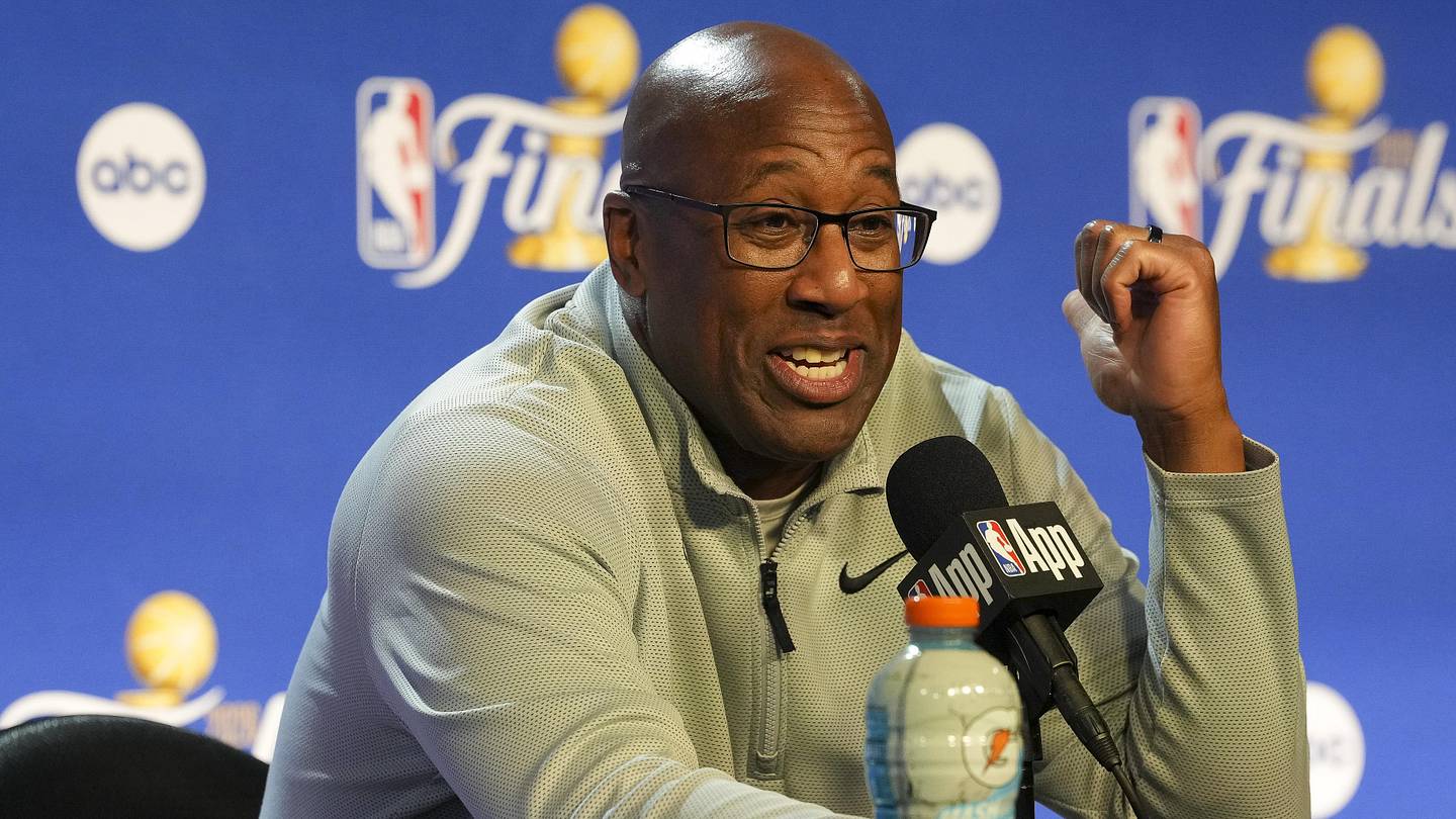 Jun 5, 2026; San Antonio, Texas, USA; New York Knicks head coach Mike Brown speaks with the media after the game between the Spurs and the Knicks in game two of the 2026 NBA Finals at Frost Bank Center. Mandatory Credit: Daniel Dunn-Imagn Images