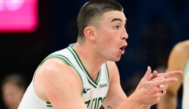 Mar 8, 2026; Cleveland, Ohio, USA; Boston Celtics guard Payton Pritchard (11) celebrates after hitting a three-point basket against the Cleveland Cavaliers during the second half at Rocket Arena. Mandatory Credit: Ken Blaze-Imagn Images