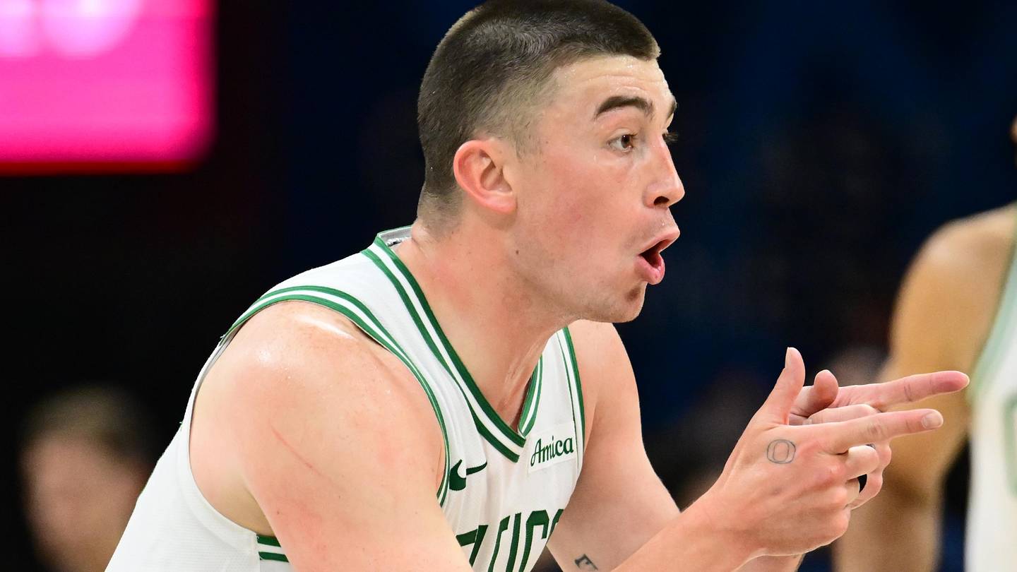 Mar 8, 2026; Cleveland, Ohio, USA; Boston Celtics guard Payton Pritchard (11) celebrates after hitting a three-point basket against the Cleveland Cavaliers during the second half at Rocket Arena. Mandatory Credit: Ken Blaze-Imagn Images