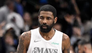 Feb 21, 2025; Dallas, Texas, USA; Dallas Mavericks guard Kyrie Irving (11) looks on after he makes a three point shot against the New Orleans Pelicans during the second half at the American Airlines Center. Mandatory Credit: Jerome Miron-Imagn Images