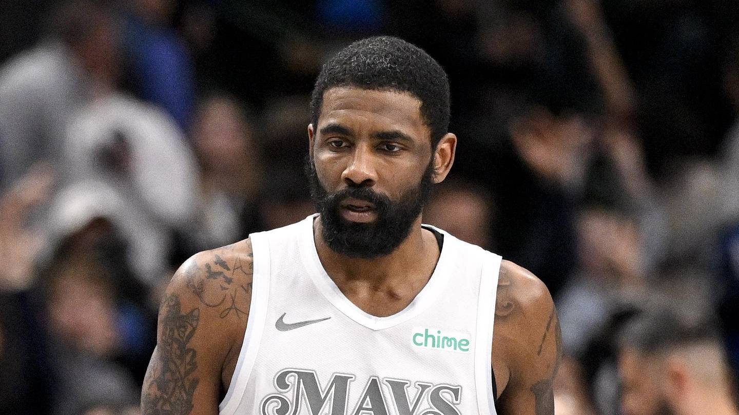 Feb 21, 2025; Dallas, Texas, USA; Dallas Mavericks guard Kyrie Irving (11) looks on after he makes a three point shot against the New Orleans Pelicans during the second half at the American Airlines Center. Mandatory Credit: Jerome Miron-Imagn Images
