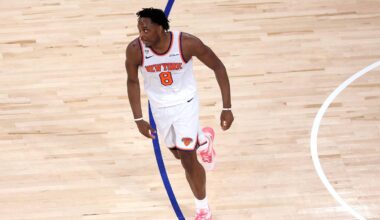 Jun 8, 2026; New York, New York, USA; New York Knicks forward Og Anunoby (8) reacts in the second quarter against the San Antonio Spurs during game three of the 2026 NBA Finals at Madison Square Garden. Mandatory Credit: Wendell Cruz-Imagn Images