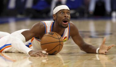 Mar 17, 2026; Orlando, Florida, USA; Oklahoma City Thunder guard Shai Gilgeous-Alexander (2) reacts after a loose ball against the Orlando Magic in the second quarter at Kia Center. Mandatory Credit: Nathan Ray Seebeck-Imagn Images