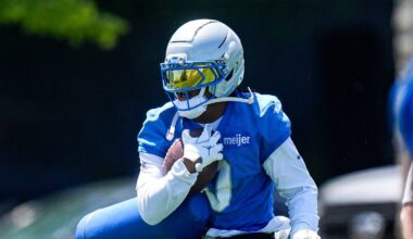 Detroit Lions running back Jahmyr Gibbs (0) practices a drill during OTAs at Meijer Performance Center in Allen Park on Friday, May 29, 2026.