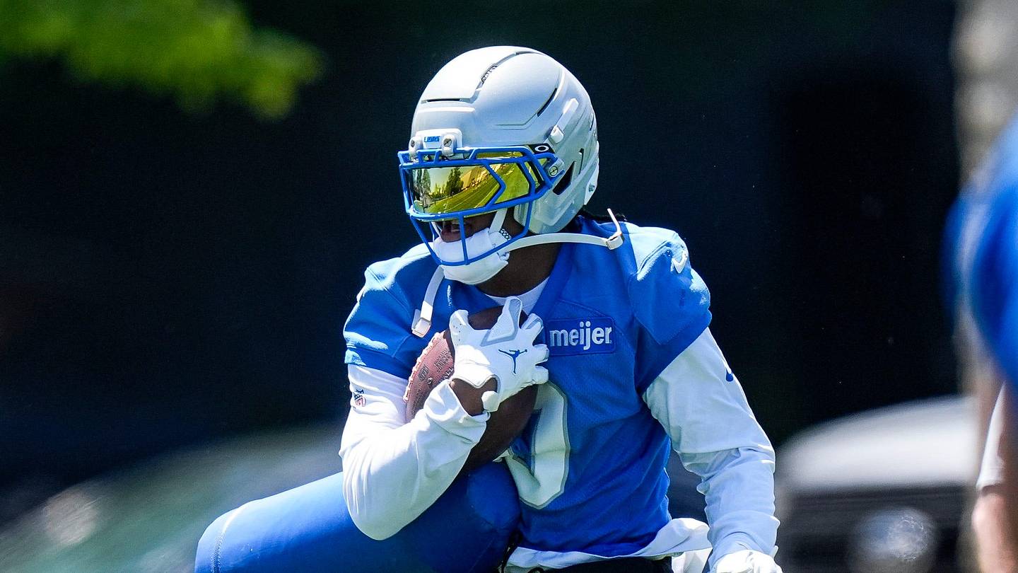 Detroit Lions running back Jahmyr Gibbs (0) practices a drill during OTAs at Meijer Performance Center in Allen Park on Friday, May 29, 2026.