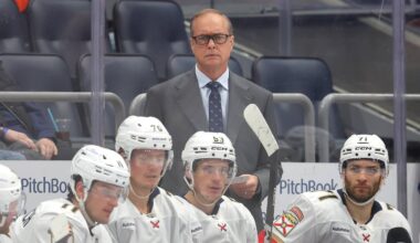 Mar 28, 2026; Elmont, New York, USA; Florida Panthers head coach Paul Maurice coaches against the New York Islanders during the first period at UBS Arena. Mandatory Credit: Brad Penner-Imagn Images