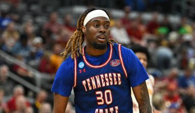 Tennessee State Tigers guard Aaron Nkrumah (30) looks on against the Iowa State Cyclones during the first half of a first round game of the men's 2026 NCAA Tournament at Enterprise Center.