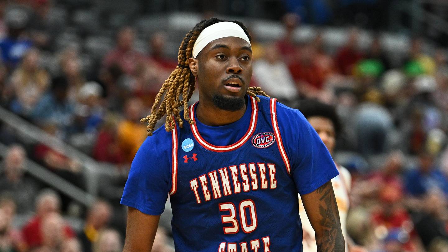 Tennessee State Tigers guard Aaron Nkrumah (30) looks on against the Iowa State Cyclones during the first half of a first round game of the men's 2026 NCAA Tournament at Enterprise Center.