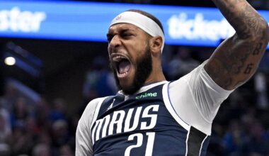 Dec 18, 2025; Dallas, Texas, USA; Dallas Mavericks forward Daniel Gafford (21) reacts after he dunks the ball against the Detroit Pistons during the second quarter at the American Airlines Center. Mandatory Credit: Jerome Miron-Imagn Images