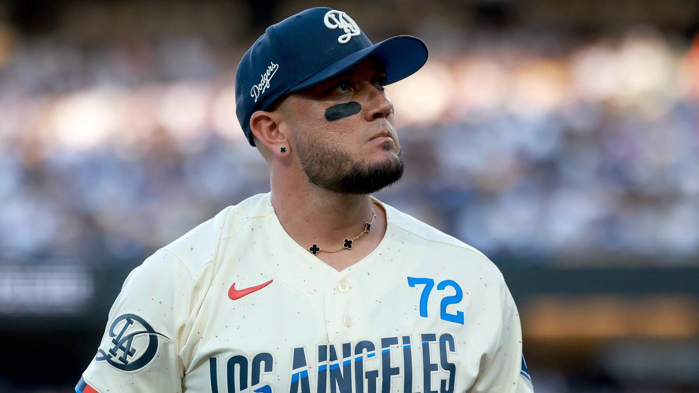 Jun 20, 2026; Los Angeles, California, USA; Los Angeles Dodgers shortstop Miguel Rojas (72) during the first inning against the Baltimore Orioles at Dodger Stadium. Mandatory Credit: William Navarro-Imagn Images