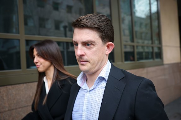 Donovan Pell, brother of ex-AFL umpire Michael Pell, leaving Melbourne Magistrates’ Court after the first day of their committal hearing.