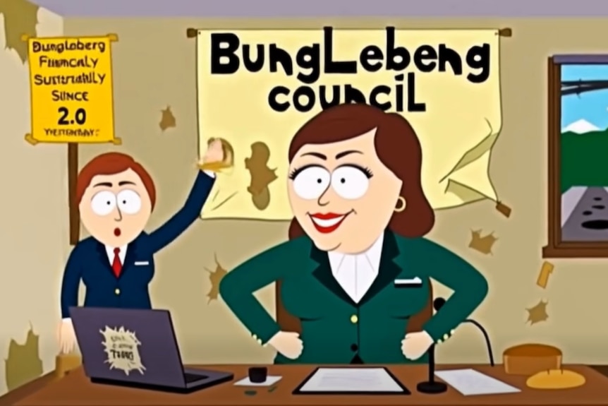 An AI-generated animation of a woman sitting behind a desk with her hands on her hips