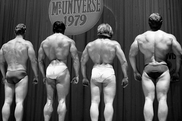 Entrants for the Mr Universe 1979 competition in Sydney strike a pose.
