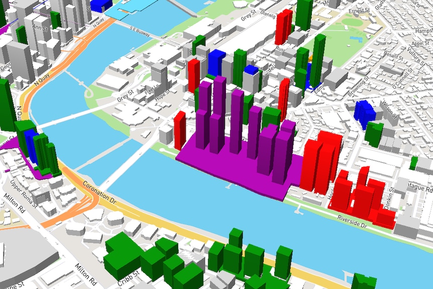 A colourful graphic showing a new development on the Brisbane River.