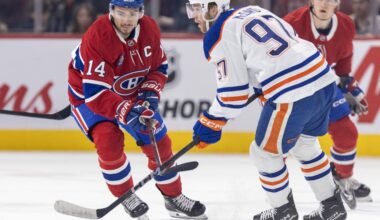 Canadiens captain Nick Suzuki pursues Edmonton Oilers centre Connor McDavid during first period in Montreal on Nov. 18, 2024.
