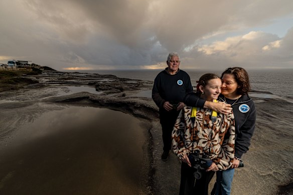 Greg Fox, daughter Jessica Fox, with grandchild Eloise at Cape Solander, where they will take part on the ORRCA whale census on Sunday.