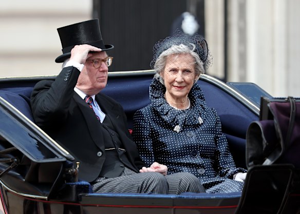 Richard, Duke of Gloucester, and Birgitte, Duchess of Gloucester, wearing diamond clip brooches at Trooping the Colour.