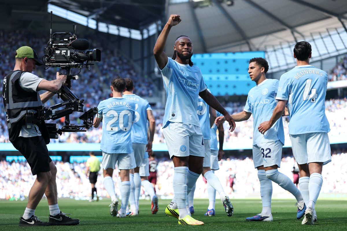 Manchester City's Antoine Semenyo celebrates scoring the final goal of the 2025/26 Premier League season for the Blues