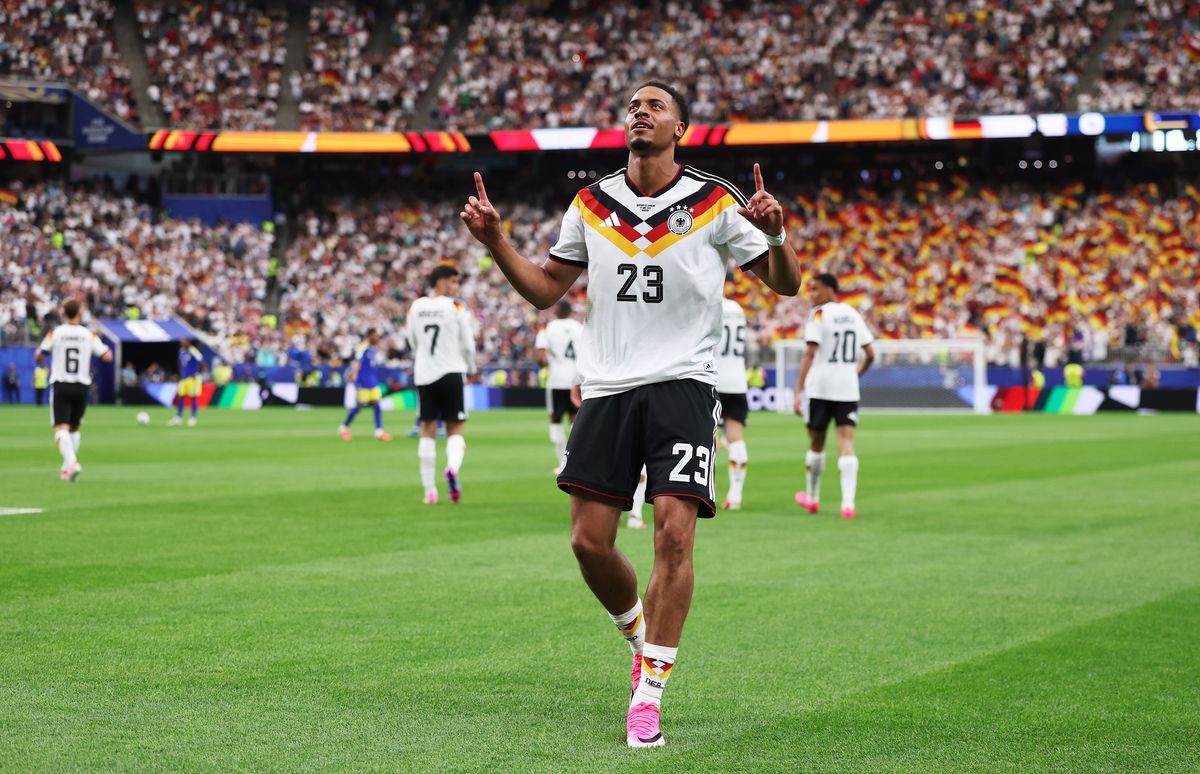 Felix Nmecha #23 of Germany celebrates scoring his team's first goal during the FIFA World Cup 2026 Group E match between Germany and Curacao