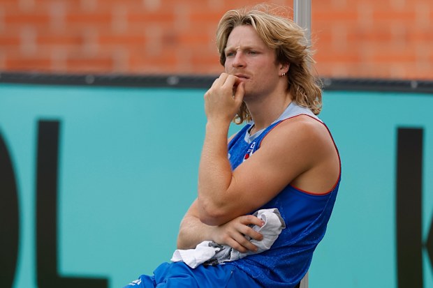 Cody Weightman looks on at Bulldogs training in 2026.