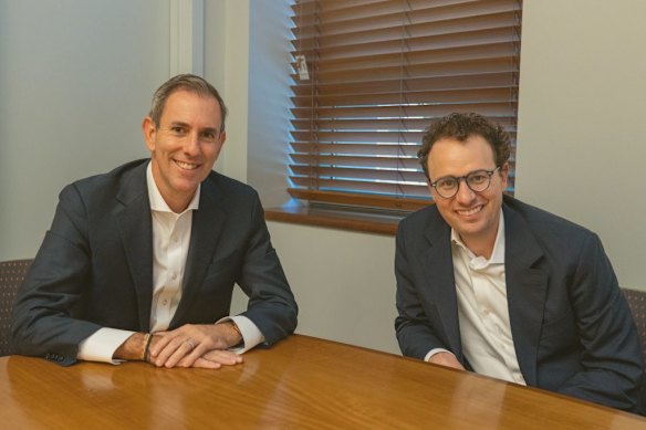 Treasurer Jim Chalmers with Dario Amodei, chief executive of Anthropic, in Canberra in April.