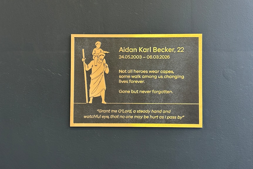 A brown and bold plaque showing a young boy on the shoulders of a woman