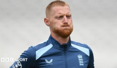 Ben Stokes puffs his cheeks during an England training session