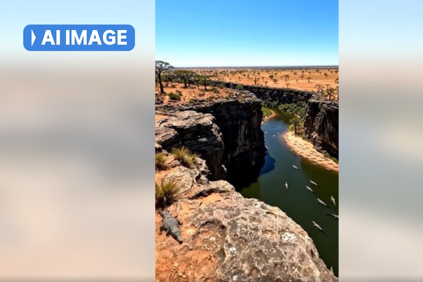 A picture of a crocodile on a rocky cliff over a waterway.