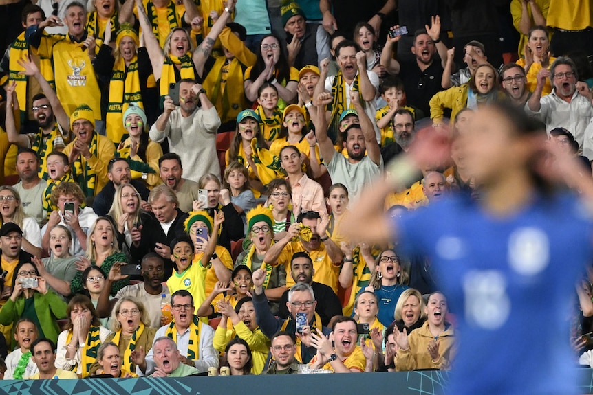 A crowd of sport spectators in green and gold cheer for joy, behind an out-of-focus soccer player in a blue jersey