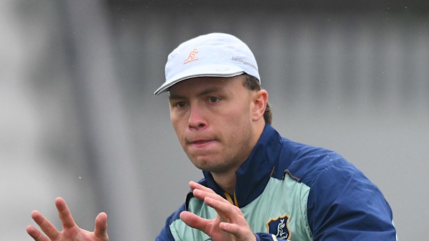 Darby Lancaster of the Wallabies participates in a drill at Lakeside Stadium.