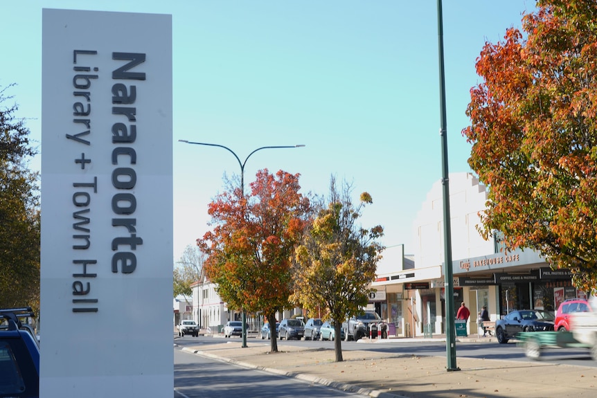 A white sign which reads "Naracoorte Library + Town Hall" stands on the side of a main street in a country town.