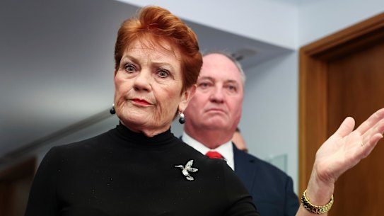 Senator Pauline Hanson and Barnaby Joyce in Parliament House on Wednesday.