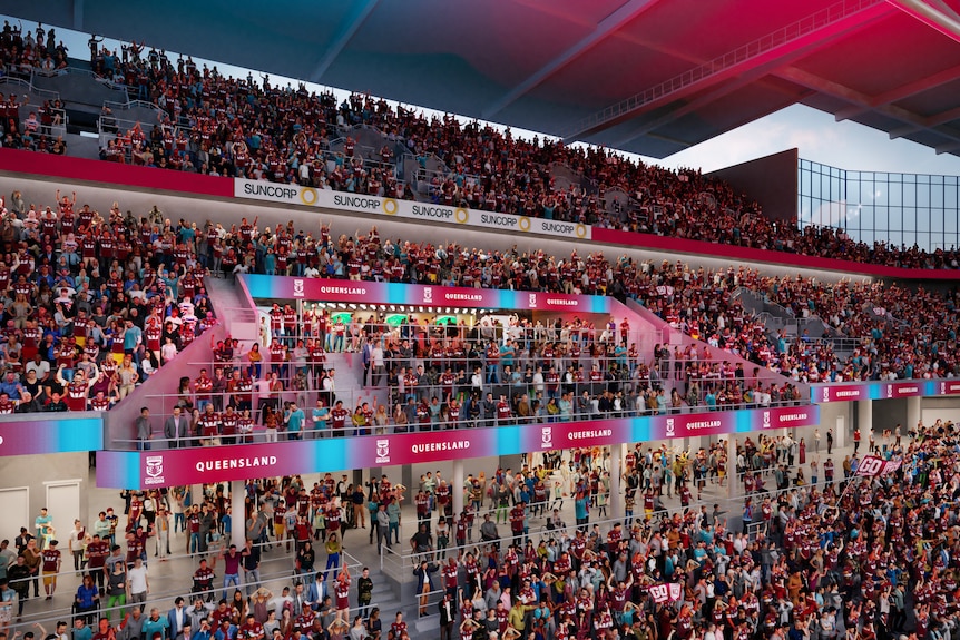 A rendered image of multiple tiers of stadium seating.
