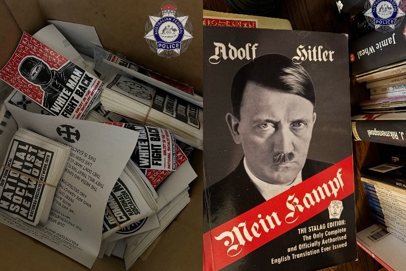 A box filled with neo-Nazi material such as leaflets and cards, and a copy of Mein Kampf with Adolf Hitler's face on it.