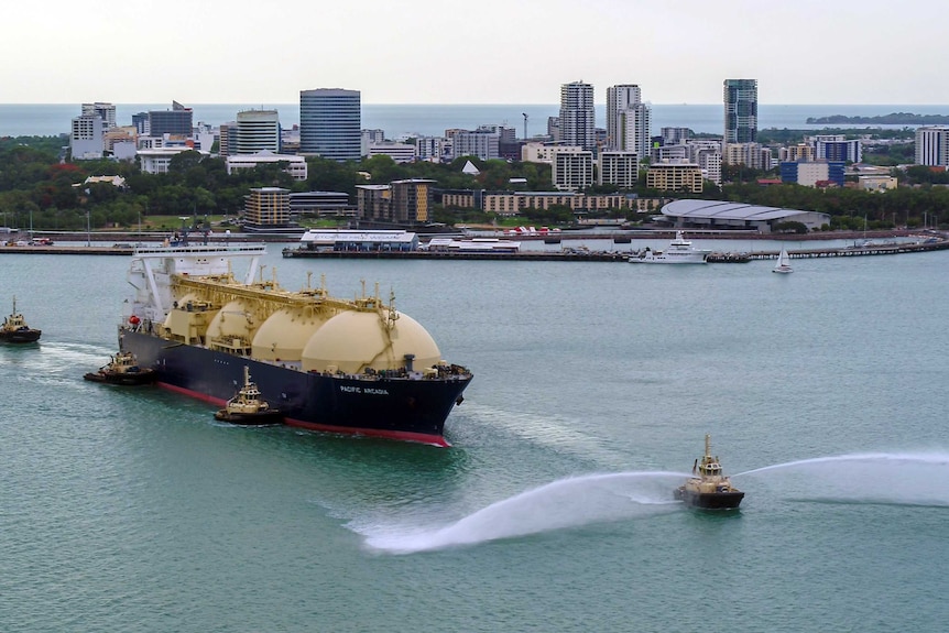 LNG tanker leaves Darwin Harbour.