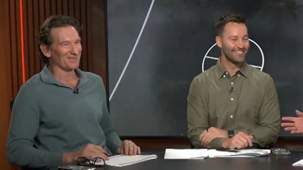 James Hird and Jimmy Bartel pictured on Nine's Footy Furnace.