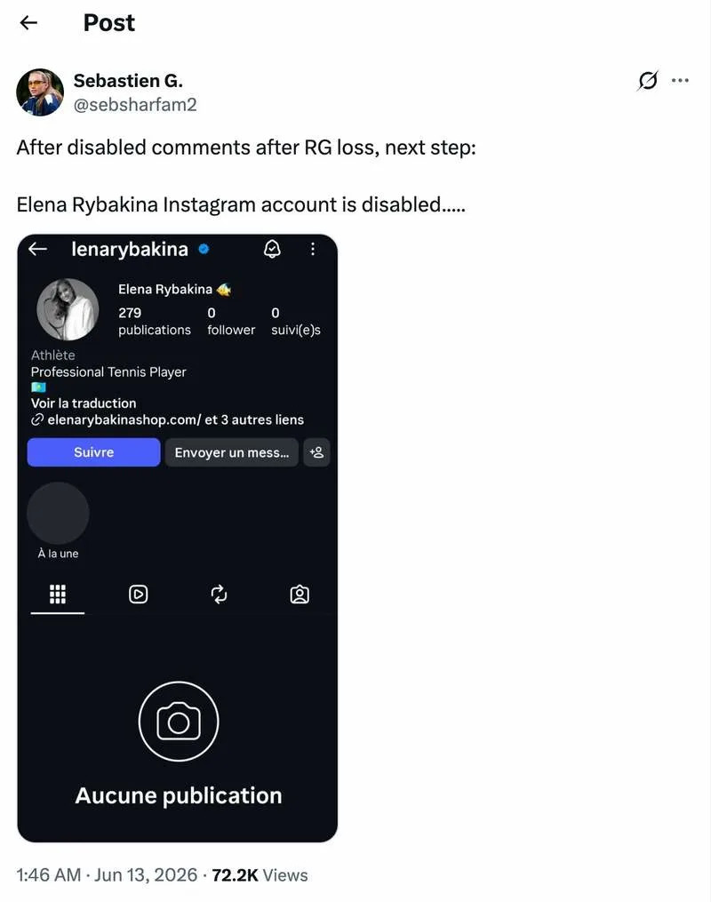 Elena Rybakina Deactivates Her Instagram Account