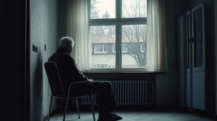 An elderly patient sits alone in a chair, looking out a window, representing the quiet moments nurses experience with patients.