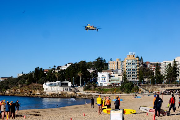 A shark-spotting drone hovers about Coogee Beach.
