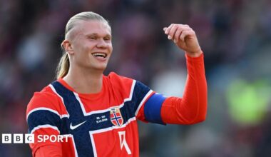 Erling Haaland celebrates scoring for Norway