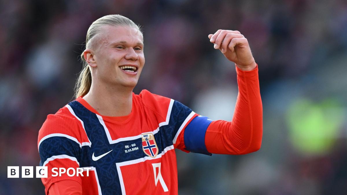 Erling Haaland celebrates scoring for Norway