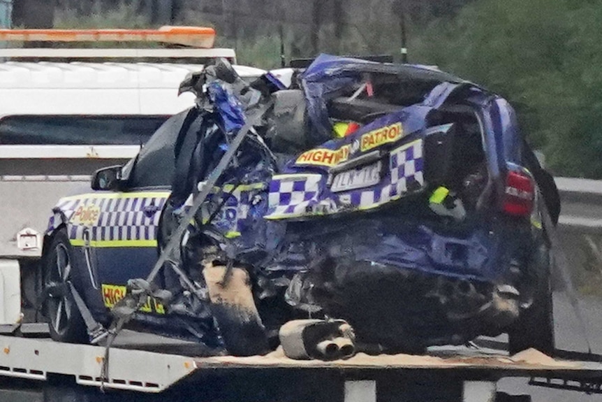A destroyed police car