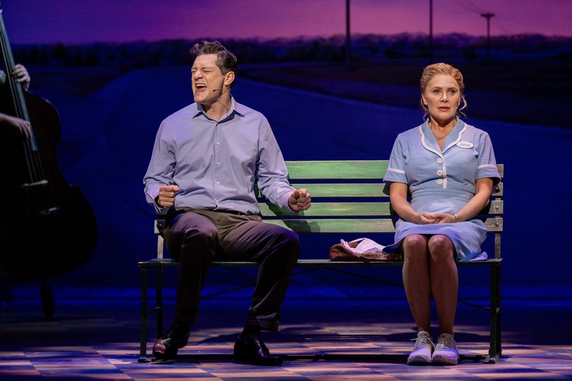 Rob Mills as Dr. Pomatter and Natalie Bassingthwaighte as Jenna perform during a production media call of Waitress.