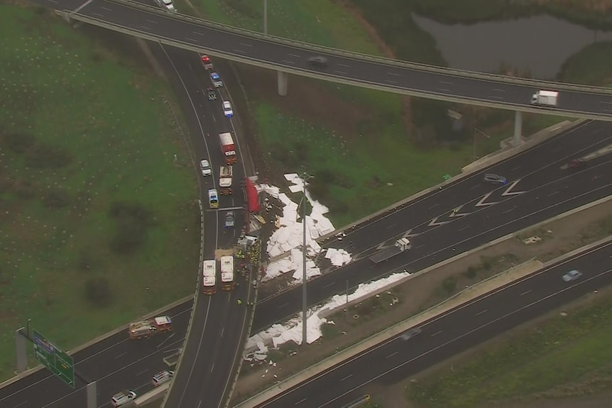 A truck crash across a freeway in Melbourne